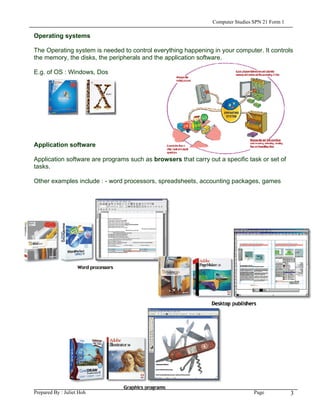 Computer Studies SPN 21 Form 1

Operating systems

The Operating system is needed to control everything happening in your computer. It controls
the memory, the disks, the peripherals and the application software.

E.g. of OS : Windows, Dos




Application software

Application software are programs such as browsers that carry out a specific task or set of
tasks.

Other examples include : - word processors, spreadsheets, accounting packages, games




Prepared By : Juliet Hoh                                                         Page            3
 