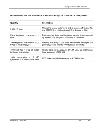 Computer Studies SPN 21 Form 1




But remember - all this information is stored as strings of 1s and 0s i.e. binary code


Quantity                              Information

                                      This is the lowest 'data' level and is a series of 0s and 1s,
8 bits = 1 byte.
                                      e.g. 00111010 = 1 byte with each 0 or 1 equal to 1 bit.

Each keyboard character = 1           Each number, letter and keyboard symbol is represented
byte.                                 by a series of 8 bits (each, of course, is different).

1000 keyboard characters = 1000       In reality it is really 1. 024 bytes which make a kilobyte, but
bytes or 1 KB (kilobyte).             generally people refer to 1000 bytes as a kilobyte.

1000 kilobytes = 1 MB (1 million      Floppy disks have a capacity of 1.44 MB . CD ROM disks
keyboard characters).                 have a capacity of 650 MB.

1000 megabytes = 1 GB
                                      DVD disks can hold between up to 4.7 GB of data.
(gigabytes or 1 billion characters)




Prepared By : Juliet Hoh                                                           Page            46
 