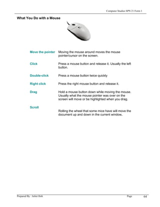 Computer Studies SPN 21 Form 1

What You Do with a Mouse




            Move the pointer   Moving the mouse around moves the mouse
                               pointer/cursor on the screen.

            Click              Press a mouse button and release it. Usually the left
                               button.

            Double-click       Press a mouse button twice quickly

            Right click        Press the right mouse button and release it.

            Drag               Hold a mouse button down while moving the mouse.
                               Usually what the mouse pointer was over on the
                               screen will move or be highlighted when you drag.

            Scroll
                               Rolling the wheel that some mice have will move the
                               document up and down in the current window.




Prepared By : Juliet Hoh                                                           Page            64
 