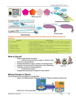 Computer Studies SPN 21 Form 1




Graphics programs have advanced features that allow you to create professional
graphics




What is Clip-art?
             • Ready-made pieces of artwork
                   • Artwork can be printed on paper or stored in files
             • Stored in a clip-art library
             • Includes illustrations, logos, borders and backgrounds
             • Inserted into documents to make them more interesting
             • Typically consists of simple graphics
                   • Involving few colours
             • Categorized according to subject for easy search

Making Changes to Clip-art
Clip-art graphics can be edited by changing the
           • Colour, Its different parts, Resizing, Rotating, Flipping, Skewing, Removing




                 part(s) of it. Can be grouped,

Prepared By : Juliet Hoh                                                           Page            76
 