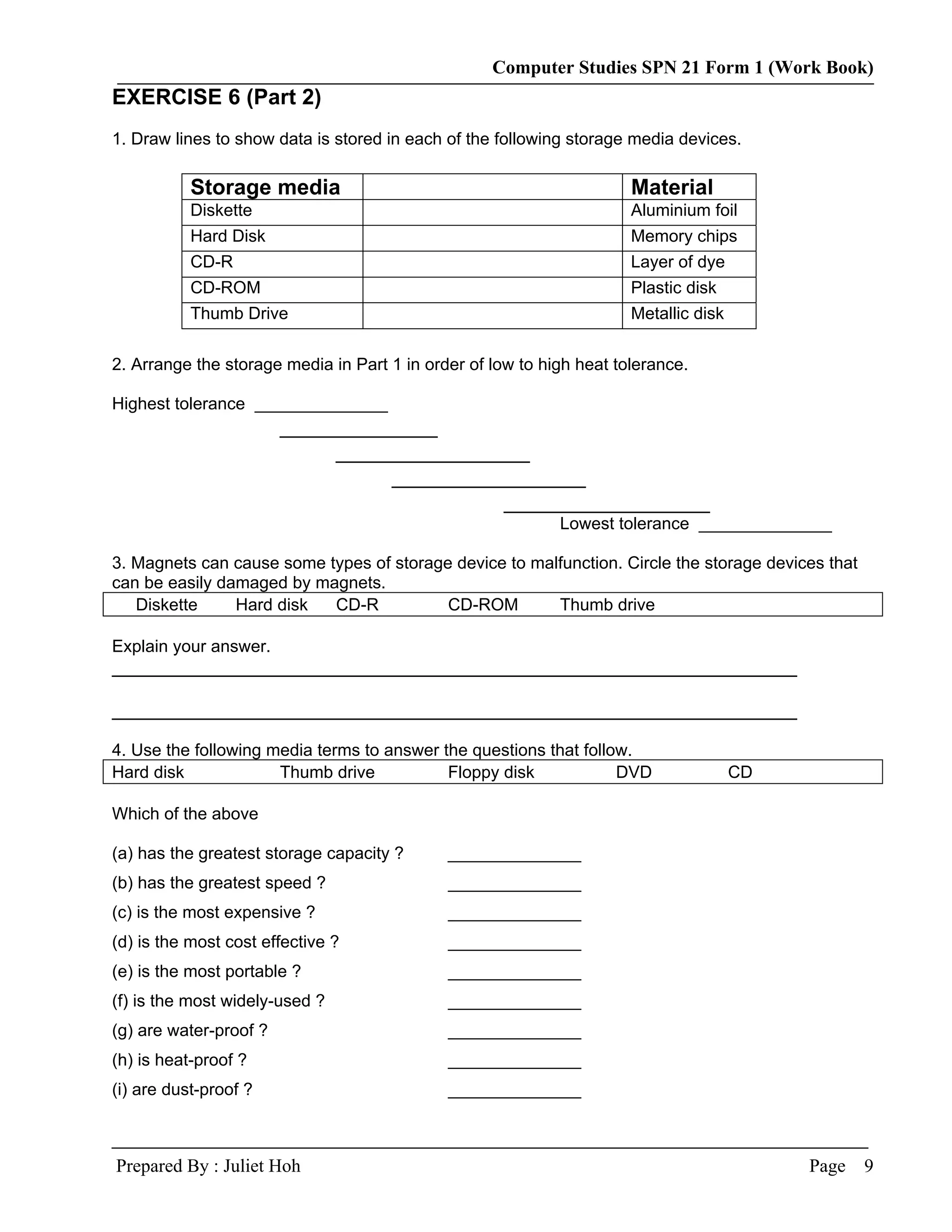 Computer Studies SPN 21 Form 1 (Work Book)
EXERCISE 6 (Part 2)
1. Draw lines to show data is stored in each of the following storage media devices.

           Storage media                                              Material
           Diskette                                                   Aluminium foil
           Hard Disk                                                  Memory chips
           CD-R                                                       Layer of dye
           CD-ROM                                                     Plastic disk
           Thumb Drive                                                Metallic disk

2. Arrange the storage media in Part 1 in order of low to high heat tolerance.

Highest tolerance ______________
                        _____________
                             ________________
                                  ________________
                                           _________________
                                                            Lowest tolerance ______________

3. Magnets can cause some types of storage device to malfunction. Circle the storage devices that
can be easily damaged by magnets.
   Diskette     Hard disk  CD-R           CD-ROM        Thumb drive

Explain your answer.
__________________________________________________________________

__________________________________________________________________

4. Use the following media terms to answer the questions that follow.
Hard disk             Thumb drive           Floppy disk            DVD                CD

Which of the above

(a) has the greatest storage capacity ?      ______________
(b) has the greatest speed ?                 ______________
(c) is the most expensive ?                  ______________
(d) is the most cost effective ?             ______________
(e) is the most portable ?                   ______________
(f) is the most widely-used ?                ______________
(g) are water-proof ?                        ______________
(h) is heat-proof ?                          ______________
(i) are dust-proof ?                         ______________



Prepared By : Juliet Hoh                                                                   Page     9
 
