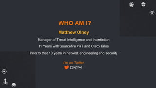 Matthew Olney
Manager of Threat Intelligence and Interdiction
11 Years with Sourcefire VRT and Cisco Talos
Prior to that 1...