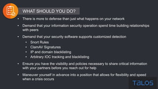 WHAT SHOULD YOU DO?
• There is more to defense than just what happens on your network
• Demand that your information security operation spend time building relationships
with peers
• Demand that your security software supports customized detection
• Snort Rules
• ClamAV Signatures
• IP and domain blacklisting
• Arbitrary IOC tracking and blacklisting
• Ensure you have the visibility and policies necessary to share critical information
with your partners before you reach out for help
• Maneuver yourself in advance into a position that allows for flexibility and speed
when a crisis occurs
 