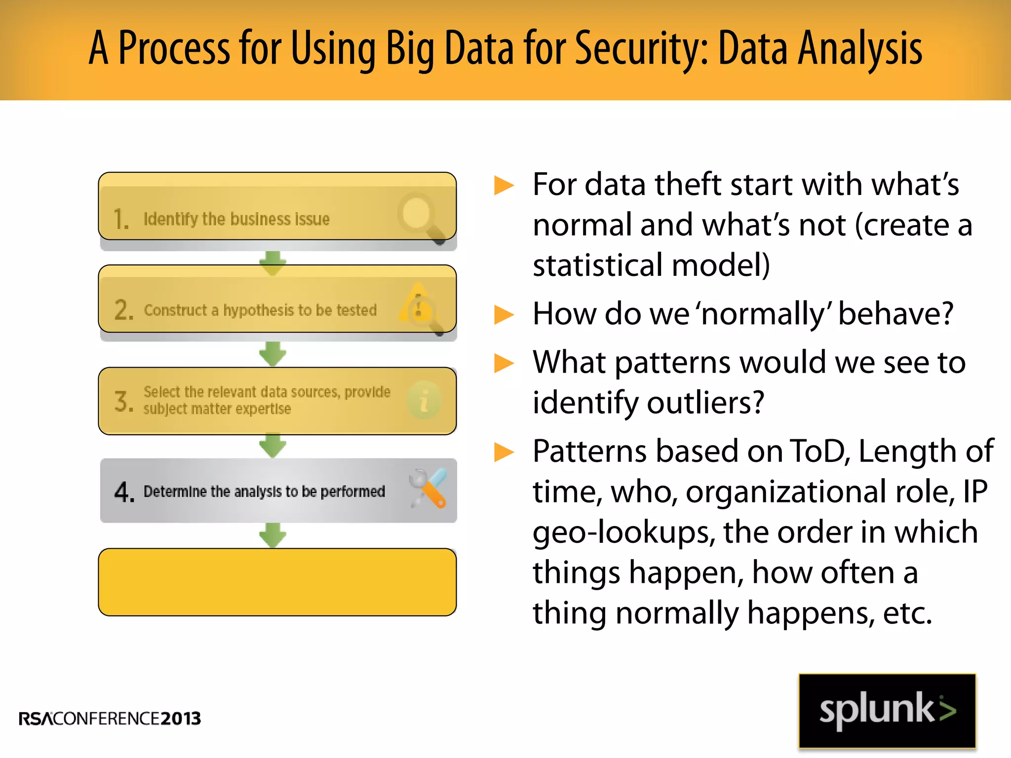 A Process for Using Big Data for Security: Data Analysis
► For data theft start with what’s
normal and what’s not (create a
statistical model)
► How do we‘normally’behave?
► What patterns would we see to
identify outliers?
► Patterns based on ToD, Length of
time, who, organizational role, IP
geo-lookups, the order in which
things happen, how often a
thing normally happens, etc.
 