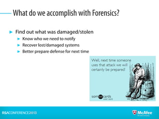 ► Find out what was damaged/stolen
► Know who we need to notify
► Recover lost/damaged systems
► Better prepare defense for next time
What do we accomplish with Forensics?
 