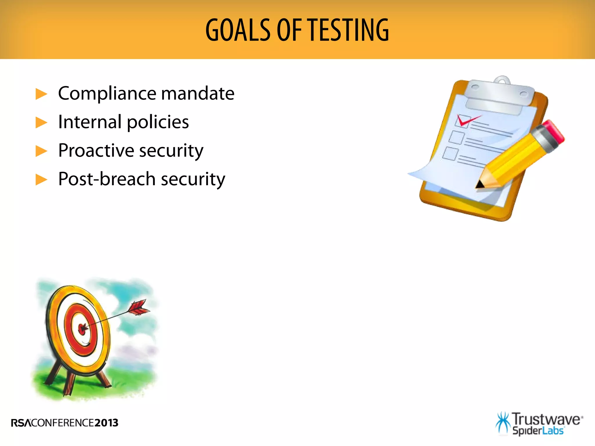 ► Compliance mandate
► Internal policies
► Proactive security
► Post-breach security
GOALS OFTESTING
 