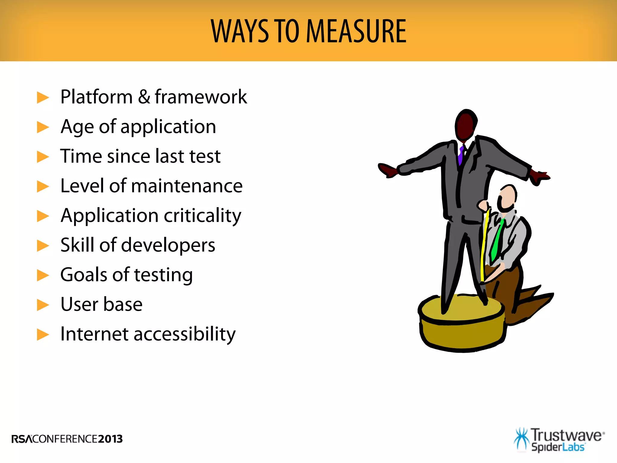 ► Platform & framework
► Age of application
► Time since last test
► Level of maintenance
► Application criticality
► Skill of developers
► Goals of testing
► User base
► Internet accessibility
WAYSTO MEASURE
 