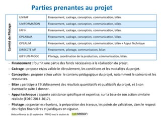 4
Parties prenantes au projet
- Financement : fournit une partie des fonds nécessaires à la réalisation du projet.
- Cadrage : propose et/ou valide le déroulement, les conditions et les modalités du projet.
- Conception : propose et/ou valide le contenu pédagogique du projet, notamment le scénario et les
ressources.
- Bilan : participe à l’établissement des résultats quantitatifs et qualitatifs du projet, et à son
éventuelle suite à donner.
- Appui technique : apporte assistance spécifique et expertise, sur la base de son action similaire
réalisée (EDEC 2014-2017).
- Pilotage : organise les réunions, la préparation des travaux, les points de validation, dans le respect
des règles financières et juridiques en vigueur.
 