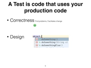 A Test is code that uses your
production code
• Correctness Find problems, Facilitates change
• Design
5
 