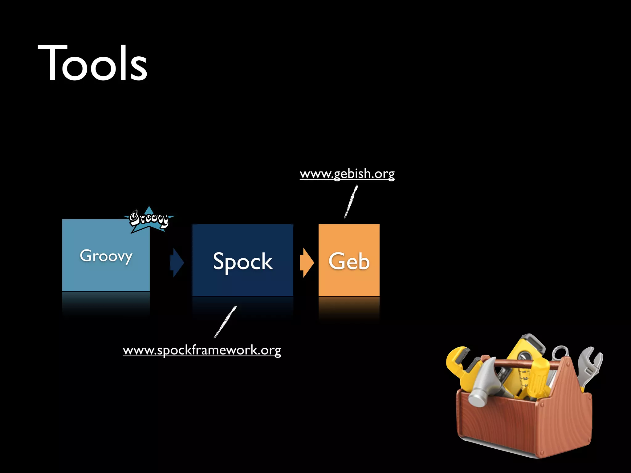 Tools
Groovy Spock Geb
www.spockframework.org
www.gebish.org
 