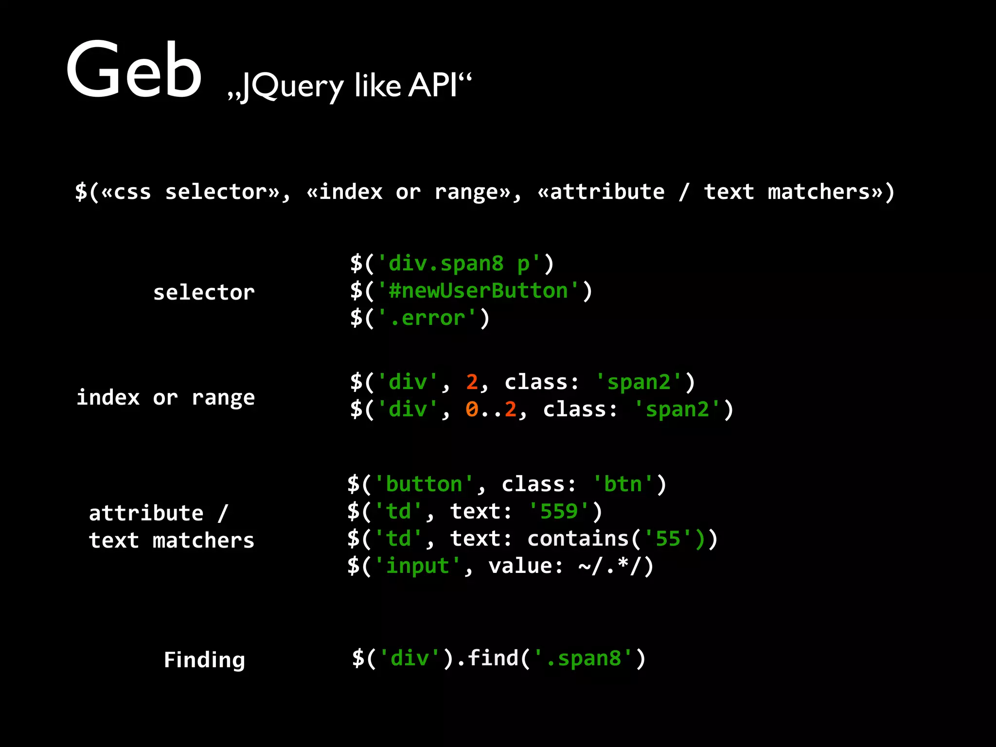 Geb „JQuery like API“
$(«css	
  selector»,	
  «index	
  or	
  range»,	
  «attribute	
  /	
  text	
  matchers»)
$('div.span8	
  p')
$('#newUserButton')
$('.error')
$('div',	
  2,	
  class:	
  'span2')
$('div',	
  0..2,	
  class:	
  'span2')
$('button',	
  class:	
  'btn')
$('td',	
  text:	
  '559')
$('td',	
  text:	
  contains('55'))
$('input',	
  value:	
  ~/.*/)
$('div').find('.span8')
selector
index	
  or	
  range
attribute	
  /	
  
text	
  matchers
Finding
 