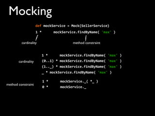Mocking
1	
  *	
  	
  	
  	
  	
  	
  mockService.findByName(	
  'max'	
  )
cardinality method constraint
cardinality
method constraint
def	
  mockService	
  =	
  Mock(SellerService)	
  	
  	
  	
  
1	
  *	
  	
  	
  	
  	
  	
  mockService.findByName(	
  'max'	
  )
(0..1)	
  *	
  mockService.findByName(	
  'max'	
  )
(1.._)	
  *	
  mockService.findByName(	
  'max'	
  )
_	
  *	
  mockService.findByName(	
  'max'	
  )
1	
  *	
  	
  	
  	
  	
  	
  mockService._(	
  *_	
  )
0	
  *	
  	
  	
  	
  	
  	
  mockService._
 