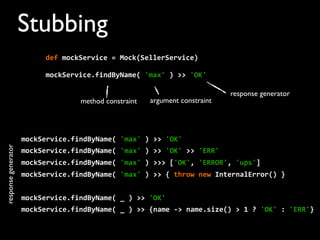 Stubbing
mockService.findByName(	
  'max'	
  )	
  >>	
  'OK'
mockService.findByName(	
  'max'	
  )	
  >>	
  'OK'	
  >>	
  'ERR'
mockService.findByName(	
  'max'	
  )	
  >>>	
  ['OK',	
  'ERROR',	
  'ups']	
  	
  
mockService.findByName(	
  'max'	
  )	
  >>	
  {	
  throw	
  new	
  InternalError()	
  }
mockService.findByName(	
  _	
  )	
  >>	
  'OK'
mockService.findByName(	
  _	
  )	
  >>	
  {name	
  -­‐>	
  name.size()	
  >	
  1	
  ?	
  'OK'	
  :	
  'ERR'}
mockService.findByName(	
  'max'	
  )	
  >>	
  'OK'
method constraint argument constraint
response generator
responsegenerator
def	
  mockService	
  =	
  Mock(SellerService)	
  	
  	
  	
  
 