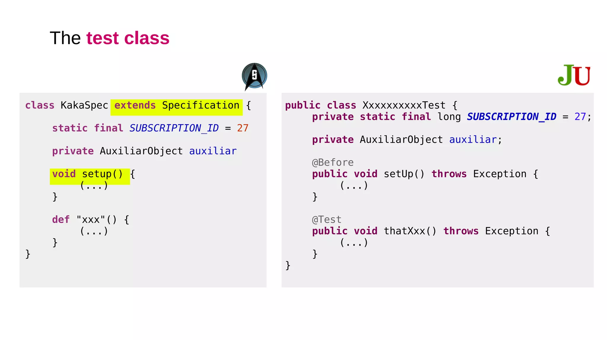 class KakaSpec extends Specification {
static final SUBSCRIPTION_ID = 27
private AuxiliarObject auxiliar
void setup() {
(...)
}
def "xxx"() {
(...)
}
}
public class XxxxxxxxxxTest {
private static final long SUBSCRIPTION_ID = 27;
private AuxiliarObject auxiliar;
@Before
public void setUp() throws Exception {
(...)
}
@Test
public void thatXxx() throws Exception {
(...)
}
}
The test class
 