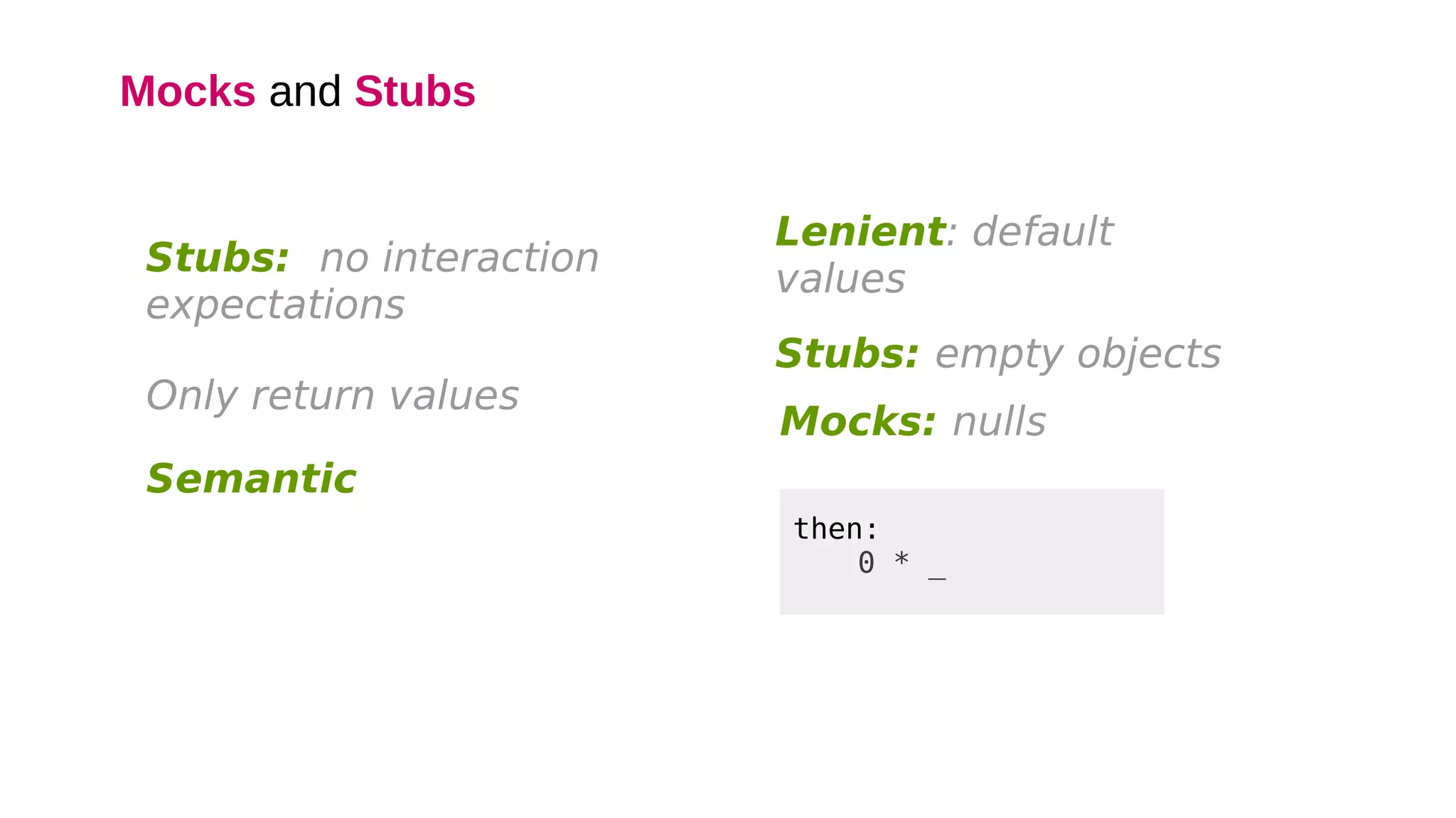 Mocks and Stubs
then:
0 * _
Semantic
Lenient: default
values
Only return values
Stubs: empty objects
Stubs: no interaction
expectations
Mocks: nulls
 