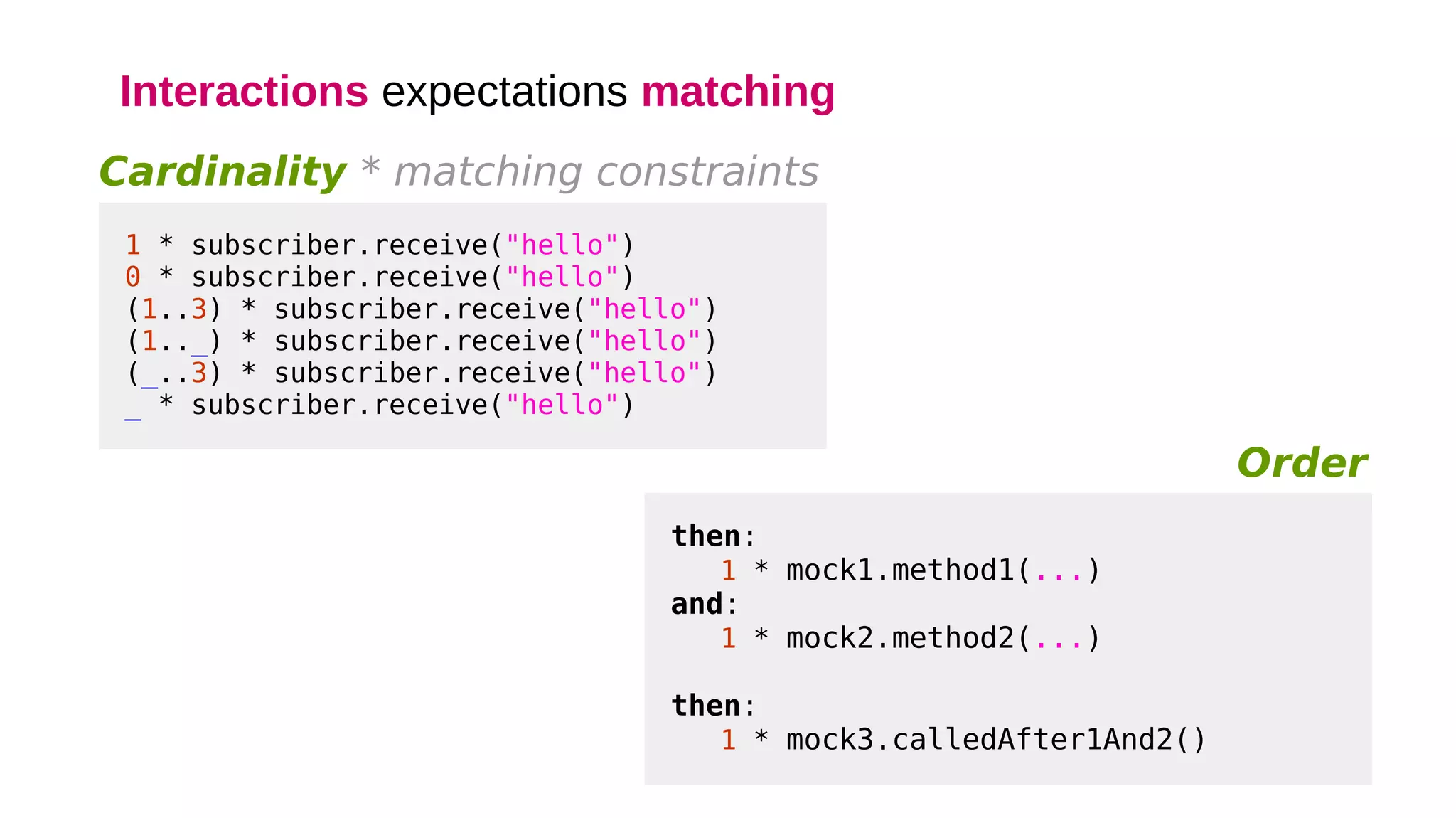 Interactions expectations matching
Parametes matching
Order
1 * subscriber.receive("hello")
0 * subscriber.receive("hello")
(1..3) * subscriber.receive("hello")
(1.._) * subscriber.receive("hello")
(_..3) * subscriber.receive("hello")
_ * subscriber.receive("hello")
then:
1 * mock1.method1(...)
and:
1 * mock2.method2(...)
then:
1 * mock3.calledAfter1And2()
Cardinality * matching constraints
 