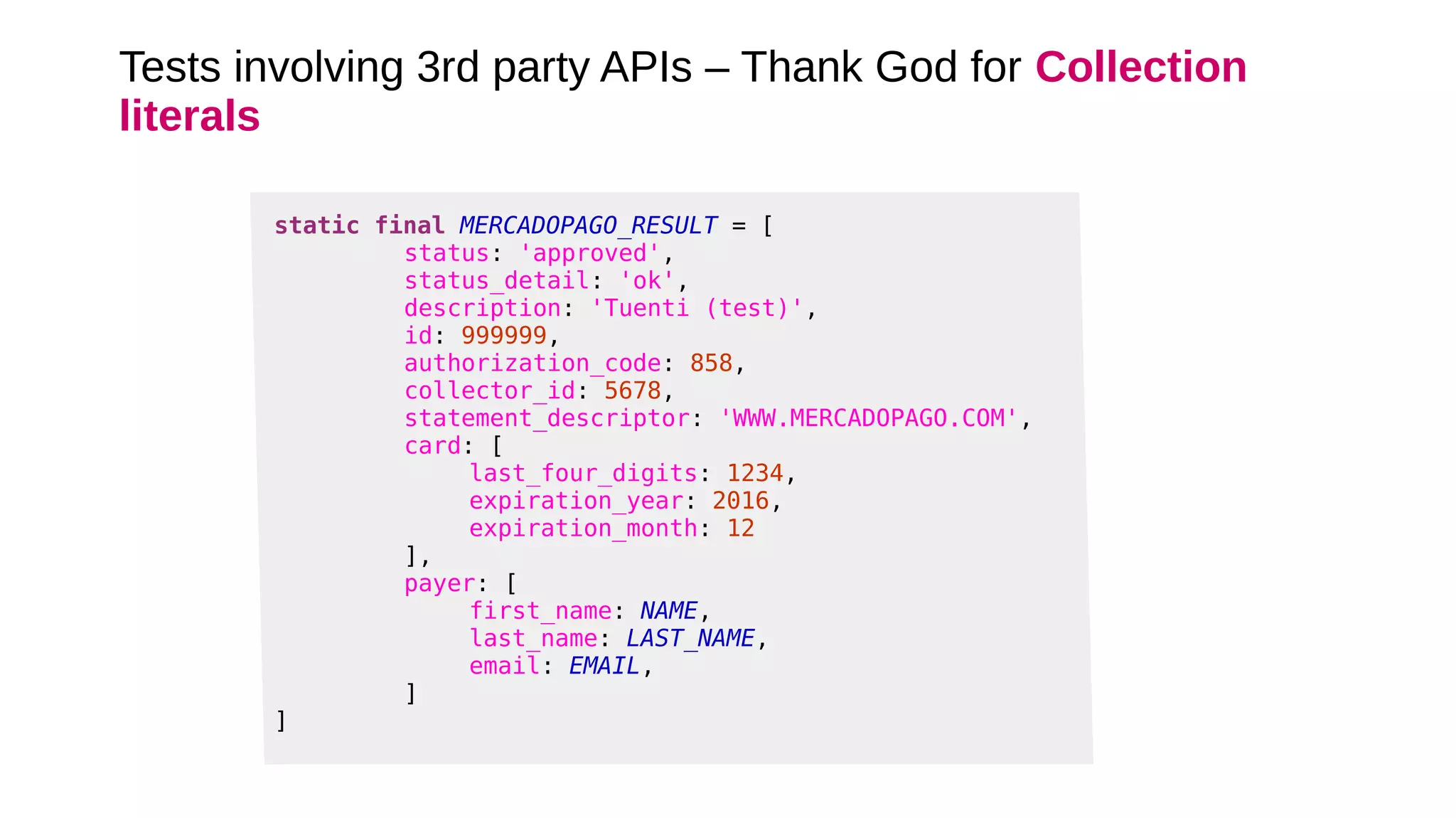 Private methods for readability?
given: "An already authorized transaction"
def transaction = transactionWith(status: AUTHORIZED)
transactionRegistry.getTransactionInfo(TRANSACTION_ID) >> transaction
when: "The payment is processed"
paymentProcessor.processPayment(transaction, RESPONSE_DATA)
then: "The transaction is transitioned to adding balance status"
1 * transactionRegistry.changeTransactionStatus(
TRANSACTION_ID, TransactionStatus.ADDING_BALANCE) >>
transactionWith(status: ADDING_BALANCE)
then: "The topup is processed"
1 * topupInteractor.topup(transaction, RESPONSE_DATA) >>
new PaymentStatusInfo(TRANSACTION_ID, TransactionStatus.BALANCE_ADDED)
PaymentTransaction transaction = givenAnAuthorizedTransaction();
paymentProcessor.processPayment(transaction, RESPONSE_DATA);
verifyTheTransactionIsTransitionedTo(ADDING_BALANCE);
verifyTheTopupIsProcessedCorrectly();
 