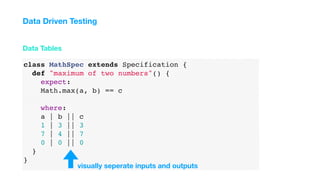 class MathSpec extends Specification {
def "maximum of two numbers"() {
expect:
Math.max(a, b) == c
where:
a | b || c
1 | 3 || 3
7 | 4 || 7
0 | 0 || 0
}
}
Data Tables
Data Driven Testing
visually seperate inputs and outputs
 