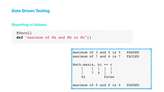 @Unroll
def "maximum of #a and #b is #c"()
Reporting of failures
Data Driven Testing
maximum of 3 and 5 is 5 PASSED
maximum of 7 and 4 is 7 FAILED
Math.max(a, b) == c
| | | | |
| 7 4 | 7
42 false
maximum of 0 and 0 is 0 PASSED
 