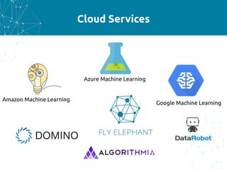 Cloud Services
Amazon Machine Learning
Azure Machine Learning
Google Machine Learning
 