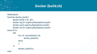 Docker (build.sh)
#!/bin/bash
function docker_build {
docker build -t $1 ./$1;
docker tag $1 registry.flyelephant.net/$1
docker push registry.flyelephant.net/$1
docker rmi $1 registry.flyelephant.net/$1
}case $1 in
all)
for i in `cat build.list`; do
docker_build $i;
done
;;
*)
docker_build $1;;
esac
 