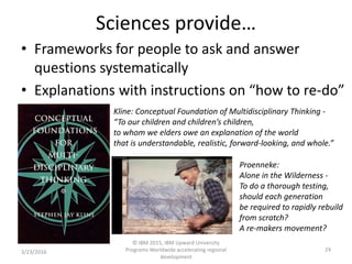 Sciences provide…
• Frameworks for people to ask and answer
questions systematically
• Explanations with instructions on “how to re-do”
3/23/2016
© IBM 2015, IBM Upward University
Programs Worldwide accelerating regional
development
24
Kline: Conceptual Foundation of Multidisciplinary Thinking -
“To our children and children’s children,
to whom we elders owe an explanation of the world
that is understandable, realistic, forward-looking, and whole.”
Proenneke:
Alone in the Wilderness -
To do a thorough testing,
should each generation
be required to rapidly rebuild
from scratch?
A re-makers movement?
 