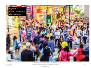 3/23/2016
© IBM 2015, IBM Upward University
Programs Worldwide accelerating regional
development
27
Explain
value co-creation
phenomena
 