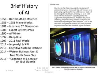 Brief History
of AI
1956 – Dartmouth Conference
1956 – 1981 Micro-Worlds
1981 – Japanese 5th Generation
1988 – Expert Systems Peak
1990 – AI Winter
1997 – Deep Blue
1997 – 2011 Real-World
2011 – Jeopardy! & SIRI
2013 – Cognitive Systems Institute
2014 – Watson Business Unit &
True North Brain Chip
2015 – “Cognition as a Service”
on IBM Bluemix
3/23/2016
© IBM 2015, IBM Upward University
Programs Worldwide accelerating regional
development
41
 