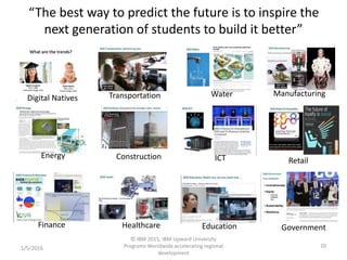 “The best way to predict the future is to inspire the
next generation of students to build it better”
1/5/2016
© IBM 2015, IBM Upward University
Programs Worldwide accelerating regional
development
10
Digital Natives Transportation Water Manufacturing
Energy Construction ICT Retail
Finance Healthcare Education Government
 