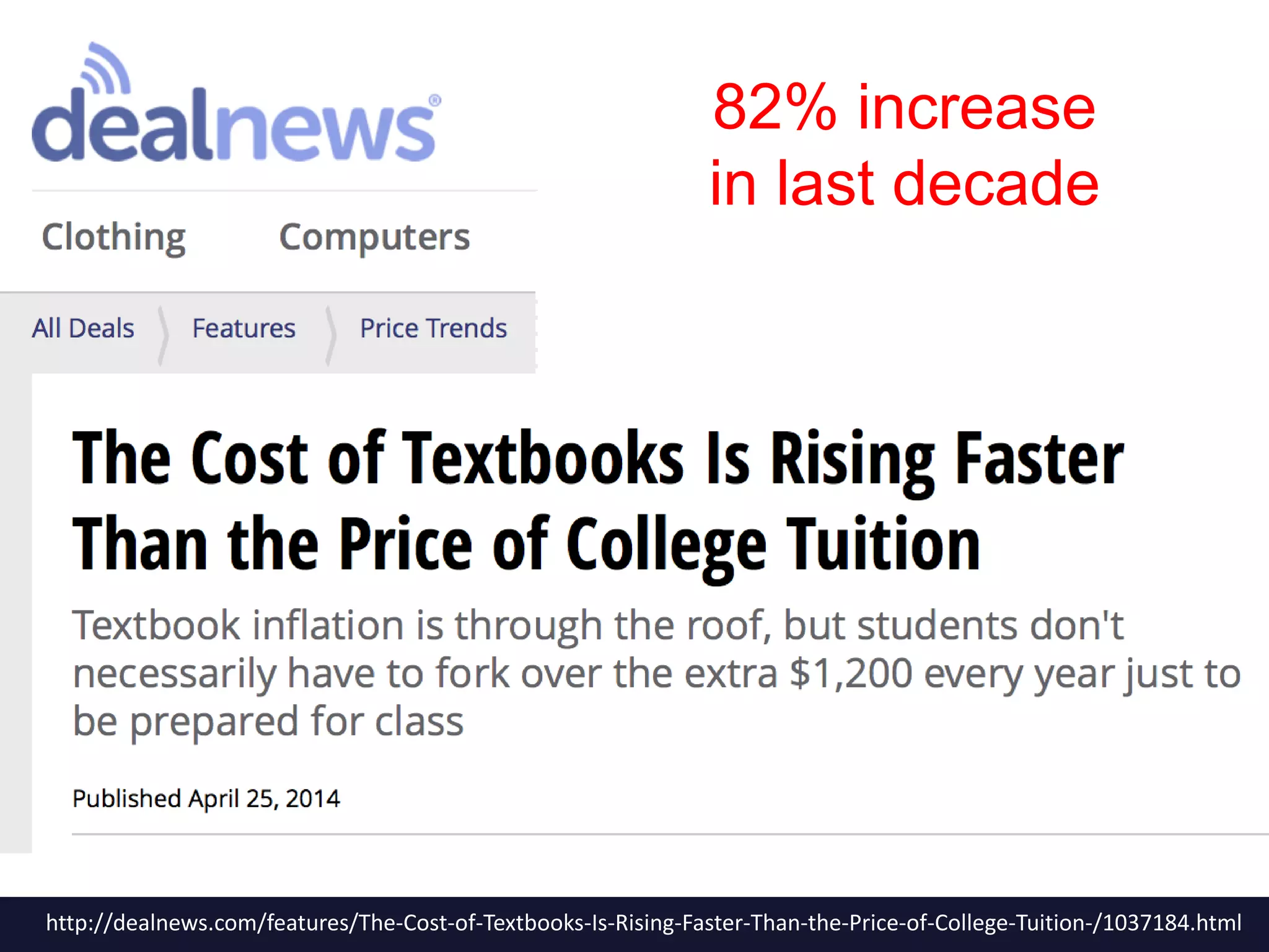 http://dealnews.com/features/The-Cost-of-Textbooks-Is-Rising-Faster-Than-the-Price-of-College-Tuition-/1037184.html
82% increase
in last decade
 