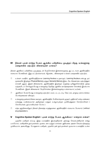 11
Cognitive Spoken English
IV cƒèœ ¹ô¡ ê£˜‰î «ð²‹ ÝƒAô ðJŸC¬ò º®ˆîŠ Hø°, àƒèÀ‚°
ñùî÷M™ ãŸð´‹ M¬÷¾èœ ò£¬õ?
cƒèœ ÝƒAôŠ ðJŸC¬ò º®ˆî¾ì¡ «ñŸªê£¡ù Þ¡ù™èÀ‚° Ý†ðì£ñ™ ÝƒAôˆF™
êó÷ñ£è «ð²i˜èœ. Þ¶ ñ†´ñ™ô£ñ™, W›è‡ì M¬÷¾èœ àƒèœ ñùî÷M™ ãŸð´‹.
àƒèœ ñùF™ ÝƒAôˆFŸè£ù Learning Nucleus à¼õ£°‹. Learning Nucleus â¡ð¶ ï‹
Í¬÷J™ Þ¼‚°‹ Physical Memory ñŸÁ‹ Semantic Memory Þ¬ì«ò H¬íŠ¬ð ãŸð´ˆ¶‹
è£óE Ý°‹. Þî¡ M¬÷õ£™, ÝƒAôˆF™ Þ¼‚°‹ è¼ˆ¬î ¹K‰¶‚ªè£‡´ Ü¬î
ñŸøõKì‹ ªê£™½‹«ð£¶ àƒèÀ‚° ªîK‰î ÝƒAô õ£˜ˆ¬îè¬÷ ªè£‡´ Þò™ð£è
«ð²i˜èœ. Þî¡ M¬÷õ£™ «ñŸªê£¡ù Þ¡ù™èÀ‚° àœ÷£èñ£†¯˜èœ.
ÝƒAô‹ «ð²‹«ð£¶ àƒèÀ‚° ãŸð´‹ ðò‹, ðìðìŠ¹, ªõ†è‹, î£›¾ ñùŠð£¡¬ñ
«ð£¡ø¬õèœ Mô°‹.
àƒèÀ‚° î¡ù‹H‚¬è õ÷¼‹, ÝƒAôˆF™ «ðCù£™î£¡ å¼õ˜ ¹ˆFê£L â¡ø â‡í‹
ñ¬ø‰¶, à‡¬ñò£ù ÜP¾‚°‹ ñŸÁ‹ à¬öŠ¹‚°‹ º‚Aòˆ¶õ‹ ªè£´Šd˜èœ (
ªè£Kò˜èœ, üŠð£Qò˜èœ «ð£ô )
â‰î Å›G¬ôJ½‹ cƒèœ G¬ùˆî è¼ˆ¶è¬÷ ÝƒAôˆF™ êó÷ñ£è «ðêô£‹ ( without
any preparation ).
V Cognitive Spoken English ( ¹ô¡ ê£˜‰î «ð²‹ ÝƒAô‹ ) â¡ø£™ â¡ù?
ºîL™ ñQî¡ âŠð® Þ‰î àôèˆF™ Þòƒ°Aø£¡ Ü™ô¶ ªêò™ð´Aø£¡ â¡Á
ð£˜«ð£‹. ñQîQ¡ ä‹¹ô¡èœ, Í¬÷, ¬è ñŸÁ‹ è£™èœ ÝAò¬õ Üõ¡ ªêò™ð´õîŸ°
º‚Aòñ£è Ü¬ñAø¶. ªð£¶õ£è ñQî¡, ºîL™ î¡ ä‹¹ô¡èœ Íôñ£è àôèˆF™ àœ÷
 