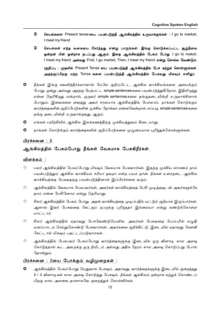 15
Cognitive Spoken English
ªêò™è¬÷ªêò™è¬÷ªêò™è¬÷ªêò™è¬÷ªêò™è¬÷ ¬ò ðò¡ð´ˆF ÝƒAôˆF™ à¼õ£‚°ƒèœ :¬ò ðò¡ð´ˆF ÝƒAôˆF™ à¼õ£‚°ƒèœ :¬ò ðò¡ð´ˆF ÝƒAôˆF™ à¼õ£‚°ƒèœ :¬ò ðò¡ð´ˆF ÝƒAôˆF™ à¼õ£‚°ƒèœ :
ªêò™èœ â‰î õ¬è¬ò «ê˜‰î¶ â¡Á ð£¼ƒèœ: Þƒ° ªè£´‚èŠð†ì Å›G¬ôªêò™èœ â‰î õ¬è¬ò «ê˜‰î¶ â¡Á ð£¼ƒèœ: Þƒ° ªè£´‚èŠð†ì Å›G¬ôªêò™èœ â‰î õ¬è¬ò «ê˜‰î¶ â¡Á ð£¼ƒèœ: Þƒ° ªè£´‚èŠð†ì Å›G¬ôªêò™èœ â‰î õ¬è¬ò «ê˜‰î¶ â¡Á ð£¼ƒèœ: Þƒ° ªè£´‚èŠð†ì Å›G¬ô
Present tense-¬ò ðò¡ð´ˆF ÝƒAôˆF™ à¼õ£‚°ƒèœ : I go to market;
I meet my friend
ªêò™èœ â‰î õ¬è¬ò «ê˜‰î¶ â¡Á ð£¼ƒèœ: Þƒ° ªè£´‚èŠð†ì Å›G¬ô
å¡ø¡ H¡ å¡ø£è ïìŠð¶å¡ø¡ H¡ å¡ø£è ïìŠð¶å¡ø¡ H¡ å¡ø£è ïìŠð¶å¡ø¡ H¡ å¡ø£è ïìŠð¶å¡ø¡ H¡ å¡ø£è ïìŠð¶ Ý°‹. Þ¬î ÝƒAôˆF™ «ð²‹ «ð£¶Ý°‹. Þ¬î ÝƒAôˆF™ «ð²‹ «ð£¶Ý°‹. Þ¬î ÝƒAôˆF™ «ð²‹ «ð£¶Ý°‹. Þ¬î ÝƒAôˆF™ «ð²‹ «ð£¶Ý°‹. Þ¬î ÝƒAôˆF™ «ð²‹ «ð£¶ I go to maket;
I meet my friend Ü™ô¶Ü™ô¶Ü™ô¶Ü™ô¶Ü™ô¶ â¡Á ªê£™ô «õ‡´‹.â¡Á ªê£™ô «õ‡´‹.â¡Á ªê£™ô «õ‡´‹.â¡Á ªê£™ô «õ‡´‹.
(°PŠ¹ : ºîL™(°PŠ¹ : ºîL™(°PŠ¹ : ºîL™(°PŠ¹ : ºîL™ ¬ò ðò¡ð´ˆF ÝƒAôˆF™ «ðê èŸÁ‚ ªè£œÀƒèœ.¬ò ðò¡ð´ˆF ÝƒAôˆF™ «ðê èŸÁ‚ ªè£œÀƒèœ.¬ò ðò¡ð´ˆF ÝƒAôˆF™ «ðê èŸÁ‚ ªè£œÀƒèœ.¬ò ðò¡ð´ˆF ÝƒAôˆF™ «ðê èŸÁ‚ ªè£œÀƒèœ.
ÜîŸ°ŠHø° ñŸøÜîŸ°ŠHø° ñŸøÜîŸ°ŠHø° ñŸøÜîŸ°ŠHø° ñŸø è¬÷ ðò¡ð´ˆF ÝƒAôˆF™ «ð²õ¶ Iè¾‹ âO¶).è¬÷ ðò¡ð´ˆF ÝƒAôˆF™ «ð²õ¶ Iè¾‹ âO¶).è¬÷ ðò¡ð´ˆF ÝƒAôˆF™ «ð²õ¶ Iè¾‹ âO¶).è¬÷ ðò¡ð´ˆF ÝƒAôˆF™ «ð²õ¶ Iè¾‹ âO¶).
First, I go market; Then, I meet my friend â¡Á ªê£™ô «õ‡´‹.
(°PŠ¹ : ºîL™ Present Tense ¬ò ðò¡ð´ˆF ÝƒAôˆF™ «ðê èŸÁ‚ ªè£œÀƒèœ.
ÜîŸ°ŠHø° ñŸø Tense è¬÷ ðò¡ð´ˆF ÝƒAôˆF™ «ð²õ¶ Iè¾‹ âO¶).
cƒèœ Þƒ° èõQˆb˜è÷£ù£™ «ñ«ô °PŠH†ì ÝƒAô õ£‚Aòƒè¬÷ Ü¬ñ‚°‹
«ð£¶, å¡Á Ü™ô¶ ÜîŸ° «ñŸð†ì simple sentencesè¬÷ ðò¡ð´ˆ¶A«ø£‹. ÞFL¼‰¶
â¡ù ªîKAø¶ â¡ø£™, å¼õ˜ simple sentencesè¬÷ îƒ°î¬ìJ¡P à¼õ£‚Aù£™
«ð£¶‹. Þ¬õè¬÷ ¬õˆ¶ Üõ˜ êó÷ñ£è ÝƒAôˆF™ «ðêô£‹. ï£ƒèœ ªè£´‚°‹
õ£˜ˆ¬îèO¡ °PŠ«ð´èO¡ º‚Aò «ï£‚è‹ â¡ùªõ¡ø£™ âŠð® simple sentencesè¬÷
îƒ° î¬ìJ¡P à¼õ£‚°õ¶ Ý°‹.
âƒèœ ðJŸCJ™ ÝƒAô Þô‚èíˆFŸ° º‚Aòˆ¶õ‹ A¬ìò£¶.
ï£ƒèœ ªè£´‚°‹ õ£˜ˆ¬îèO¡ °PŠ«ð´è¬÷ º¿¬ñò£è ¹K‰¶‚ªè£œÀƒèœ.
Hó„ê¬ù : 2
ÝƒAôˆF™ «ð²‹«ð£¶ cƒèœ «õèñ£è «ð²Al˜èœ.
M÷‚è‹ :
ðô˜ ÝƒAôˆF™ «ð²‹«ð£¶ Iè¾‹ «õèñ£è «ð²õ£˜èœ. ÞîŸ° º‚Aò è£óí‹ ï£‹
ðò¡ð´ˆ¶‹ ÝƒAô õ£‚Aò‹ êKò£ îõø£ â¡ø ðò‹ î£¡. cƒèœ à¬óï¬ì ÝƒAô
õ£‚Aòˆ¬î «ð²õîŸ° ðò¡ð´ˆFù£™ ÞŠHó„ê¬ù õ¼‹.
ÝƒAôˆF™ «õèñ£è «ð²ðõ˜èœ, Üõ˜èœ õ£‚Aòˆ¬î «ðC º®ˆî¾ì¡ Üõ˜èÀ‚«è
î£‹ â¡ù «ðC«ù£‹ â¡Á ªîKò£¶.
Cô˜ ÝƒAôˆF™ «ð²‹ «ð£¶, Üî¡ õ£‚Aòˆ¬î º®ŠðF™ ñ†´‹ °Pò£è Þ¼Šð£˜èœ.
Ýù£™ Þõ˜ «ð²õ¬î «è†°‹ ïð¼‚° ¹K‰îî£ Þ™¬ôò£ â¡Á è‡´‚ªè£œ÷
ñ£†ì£˜.
Cô˜ ÝƒAôˆF™ ãî£õ¶ «ðê«õ‡´ªñQ™, Üõ˜èœ «ð²õ¬î «ðŠðK™ â¿F
ñùŠð£ì‹ ªêŒ¶ªè£‡´ «ð²õ£˜èœ. Üõ˜è¬÷ °P‚A†´, Þ¬ìJ™ ãî£õ¶ «èœM
«è†ì£™ Iè¾‹ ðî†ìŠð´õ£óèœ.
ÝƒAôˆF™ «ð²ðõ˜ «ð²‹«ð£¶ õ£˜ˆ¬îèÀ‚° Þ¬ìJ™ å¼ Mù£® è£ô Ü÷¾
ªè£´ˆî£™ Ãì Üõ¼‚° å¼ GIì‹ Ü™ô¶ ÜFè «ïó‹ è£ô Ü÷¾ ªè£´Šð¶ «ð£™
«î£¡Á‹.
Hó„ê¬ù : 2¬ò «ð£‚°‹ õNº¬øèœ :
ÝƒAôˆF™ «ð²‹«ð£¶ ªñ¶õ£è «ðê¾‹. Üî£õ¶, õ£˜ˆ¬îèÀ‚° Þ¬ìJ™ °¬ø‰î¶
3 - 5 Mù£®èœ è£ô Ü÷¾ ªè£´ˆ¶ «ðê¾‹. cƒèœ ÝƒAô‹ ï¡ø£è èŸÁ‚ ªè£‡ìŠ
Hø° è£ô Ü÷¬õ î£ù£è«õ °¬øˆ¶‚ ªè£œi˜èœ.
 