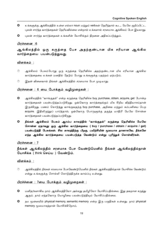 19
Cognitive Spoken English
àƒèÀ‚° ÝƒAôˆF™ àœ÷ â™ô£ noun ñŸÁ‹ verbèœ ªîK‰î£™ Ãì, «ñ«ô °PŠH†ì
¹ô¡ ê£˜‰î õ£˜ˆ¬îèœ ªîKòM™¬ô â¡ø£™ àƒè÷£™ êó÷ñ£è ÝƒAô‹ «ðê Þòô£¶.
¹ô¡ ê£˜‰î õ£˜ˆ¬îèœ àƒèO¡ «ò£C‚°‹ Fø¬ù ÜFèŠð´ˆ¶‹.
Hó„ê¬ù :6
ÝƒAôˆF™ å¼ è¼ˆ¬î «ðê ÜîŸ°‡ì£ù Iè êKò£ù ÝƒAô
õ£˜ˆ¬î¬ò ðò¡ð´ˆ¶õ¶.
M÷‚è‹ :
ÝƒAô‹ «ð²‹«ð£¶ å¼ è¼ˆ¬î ªîKM‚è ÜîŸ°‡ì£ù Iè êKò£ù ÝƒAô
õ£˜ˆ¬î¬ò àƒèœ ñùF™ «î´‹ «ð£¶ àƒèÀ‚° ðîŸø‹ ãŸð´‹.
Þî¡ M¬÷õ£™ cƒèœ ÝƒAôˆF™ êó÷ñ£è «ðê º®ò£¶.
Hó„ê¬ù : 6 ¬ò «ð£‚°‹ õNº¬øèœ :
ÝƒAôˆF™ “õ£ƒ°î™” â¡ø è¼ˆ¬î ªîKM‚è buy, purchase, obtain, acquire, get «ð£¡ø
õ£˜ˆ¬îèœ ðò¡ð´ˆîŠð´Aø¶. åšªõ£¼ õ£˜ˆ¬î‚°‹ Iè CPò MˆFò£ê‹î£¡
Þ¼‚Aø¶. ðí‹ ªè£´ˆ¶ õ£ƒ°õîŸ° buy, purchase, ÜP¬õ ñŸÁ‹ è‹ðQ¬ò ªðø
acquire. ÞFL¼‰¶Š ð£˜ˆî£™, åšªõ£¼ ªð£¼À‚° î°‰î ñ£FK «ñ«ô ªê£¡ù
õ£˜ˆ¬îèœ ðò¡ð´ˆîŠð´Aø¶.
cƒèœ ÝƒAô‹ «ð²‹ Ýó‹ð è£ôˆF™cƒèœ ÝƒAô‹ «ð²‹ Ýó‹ð è£ôˆF™cƒèœ ÝƒAô‹ «ð²‹ Ýó‹ð è£ôˆF™cƒèœ ÝƒAô‹ «ð²‹ Ýó‹ð è£ôˆF™cƒèœ ÝƒAô‹ «ð²‹ Ýó‹ð è£ôˆF™ õ£ƒ°î™õ£ƒ°î™õ£ƒ°î™õ£ƒ°î™ è¼ˆ¬î ªîKM‚è «ñ«ôè¼ˆ¬î ªîKM‚è «ñ«ôè¼ˆ¬î ªîKM‚è «ñ«ôè¼ˆ¬î ªîKM‚è «ñ«ô
ªê£¡ù ãî£õ¶ å¼ ÝƒAô õ£˜ˆ¬î¬òªê£¡ù ãî£õ¶ å¼ ÝƒAô õ£˜ˆ¬î¬òªê£¡ù ãî£õ¶ å¼ ÝƒAô õ£˜ˆ¬î¬òªê£¡ù ãî£õ¶ å¼ ÝƒAô õ£˜ˆ¬î¬ò
ðò¡ð´ˆF «ð²ƒèœ. Cô è£ôˆFŸ° Hø°, ðJŸCJ¡ Íôñ£è î£ù£è«õ, cƒè«÷ðò¡ð´ˆF «ð²ƒèœ. Cô è£ôˆFŸ° Hø°, ðJŸCJ¡ Íôñ£è î£ù£è«õ, cƒè«÷ðò¡ð´ˆF «ð²ƒèœ. Cô è£ôˆFŸ° Hø°, ðJŸCJ¡ Íôñ£è î£ù£è«õ, cƒè«÷ðò¡ð´ˆF «ð²ƒèœ. Cô è£ôˆFŸ° Hø°, ðJŸCJ¡ Íôñ£è î£ù£è«õ, cƒè«÷
â‰î ÝƒAô õ£˜ˆ¬î¬ò ðò¡ð´ˆî «õ‡´‹ â¡Á ¹K‰¶‚ ªè£œi˜èœ.â‰î ÝƒAô õ£˜ˆ¬î¬ò ðò¡ð´ˆî «õ‡´‹ â¡Á ¹K‰¶‚ ªè£œi˜èœ.â‰î ÝƒAô õ£˜ˆ¬î¬ò ðò¡ð´ˆî «õ‡´‹ â¡Á ¹K‰¶‚ ªè£œi˜èœ.â‰î ÝƒAô õ£˜ˆ¬î¬ò ðò¡ð´ˆî «õ‡´‹ â¡Á ¹K‰¶‚ ªè£œi˜èœ.
“õ£ƒ°î™” è¼ˆ¬î ªîKM‚è «ñ«ô
ªê£¡ù ãî£õ¶ å¼ ÝƒAô õ£˜ˆ¬î¬ò ( buy / purchase / obtain / acquire / get)
ðò¡ð´ˆF «ð²ƒèœ. Cô è£ôˆFŸ° Hø°, ðJŸCJ¡ Íôñ£è î£ù£è«õ, cƒè«÷
â‰î ÝƒAô õ£˜ˆ¬î¬ò ðò¡ð´ˆî «õ‡´‹ â¡Á ¹K‰¶‚ ªè£œi˜èœ.
Hó„ê¬ù : 7
cƒèœ ÝƒAôˆF™ êó÷ñ£è «ðê «õ‡´ªñQ™ cƒèœ ÝƒAôˆF™î£¡
«ò£C‚è ( think ªêŒò ) «õ‡´‹.
M÷‚è‹ :
ÝƒAôˆF™ cƒèœ êó÷ñ£è «ðê«õ‡´ªñQ™ cƒèœ ÝƒAôˆF™î£¡ «ò£C‚è «õ‡´‹
â¡Á àƒèÀ‚° ªê£™L ªè£´ˆF¼‚è õ£ŒŠ¹ àœ÷¶.
Hó„„¬ù : 7¬ò «ð£‚°‹ õNº¬øèœ :
ñQî˜è÷£Aò ï£‹ ÝƒAôˆF«ô£ Ü™ô¶ îIN«ô£ «ò£CŠðF™¬ô. Þ¶ îõø£ù è¼ˆ¶
Ý°‹. ï£‹ â‰îªõ£¼ ªñ£N¬ò ðò¡ð´ˆF»‹ «ò£CŠðF™¬ô.
ïñ Í¬÷J™ physical memory, semantic memory â¡ø Þ¼ ð°Fèœ àœ÷¶. ï£‹ physical
memory Íôñ£èˆî£¡ «ò£C‚A«ø£‹.
 