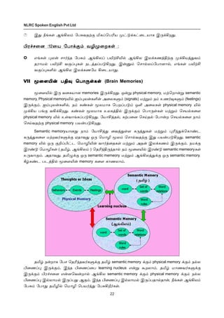 22
NLRC Spoken English Pvt Ltd
Þ¶ cƒèœ ÝƒAô‹ «ð²õîŸ° IèŠªðKò º†´‚è†¬ìò£è Þ¼‚Aø¶.
Hó„ê¬ù :12¬ò «ð£‚°‹ õNº¬øèœ :
âƒèœ ¹ô¡ ê£˜‰î «ð²‹ ÝƒAôŠ ðJŸCJ™ ÝƒAô Þô‚èíˆFŸ° º‚Aòˆ¶õ‹
îó£ñ™ ðJŸC õ°Š¹èœ ïìˆîŠð´Aø¶. Þ¡Â‹ ªê£™ôŠ«ð£ù£™, âƒèœ ðJŸC
õ°Š¹èO™ ÝƒAô Þô‚èí«ñ A¬ìò£¶.
VII Í¬÷J¡ ðF¾ ªð£¼œèœÍ¬÷J¡ ðF¾ ªð£¼œèœÍ¬÷J¡ ðF¾ ªð£¼œèœÍ¬÷J¡ ðF¾ ªð£¼œèœÍ¬÷J¡ ðF¾ ªð£¼œèœ (Brain Memories)
Í¬÷J™ Þ¼ õ¬èò£ù memories Þ¼‚Aø¶. å¡Á physical memory, ñŸªø£¡Á semantic
memory. Physical memoryJ™ ä‹¹ô¡èO¡ Ü¬ôèÀ‹ (signals) ñŸÁ‹ ï‹ àí˜¾èÀ‹ (feelings)
Þ¼‚°‹. ä‹¹ô¡èO™, ï‹ è‡èœ Íôñ£è ªðøŠð´‹ åO Ü¬ôèœ physical memory J™
º‚Aò ðƒ° õA‚Aø¶. è‡èœ Íôñ£è àôèˆF™ Þ¼‚°‹ ªð£¼œèœ ñŸÁ‹ ªêò™è¬÷
physical memory J™ àœõ£ƒèŠð´Aø¶. «ò£Cˆî™, èŸð¬ù ªêŒî™ «ð£¡ø ªêò™è¬÷ ï£‹
ªêŒõîŸ° physical memory ðò¡ð´Aø¶.
Semantic memoryò£ù¶ ï£‹ «ò£Cˆ¶ ¬õˆ¶œ÷ è¼ˆ¶èœ ñŸÁ‹ ¹K‰¶‚ªè£‡ì
è¼ˆ¶è¬÷ ñŸøõ˜èÀ‚° ãî£õ¶ å¼ ªñ£N Íô‹ ªê£™õîŸ° Þ¶ ðò¡ð´Aø¶. semantic
memory J™ å¼ °PŠH†ì ªñ£NJ¡ õ£˜ˆ¬îèœ ñŸÁ‹ Üî¡ Þô‚èí‹ Þ¼‚°‹. ïñ‚°
Þó‡´ ªñ£Nèœ ( îI›, ÝƒAô‹ ) ªîK‰F¼‰î£™ ï‹ Í¬÷J™ Þó‡´ semantic memeoryèœ
à¼õ£°‹. Üî£õ¶, îI¿‚° å¼ semantic memeory ñŸÁ‹ ÝƒAôˆ¶‚° å¼ semantic memory.
W›è‡ì ðìˆF™ Í¬÷J¡ memory è¬÷ è£íô£‹.
îI› ï¡ø£è «ðê ªîK‰îõ˜èÀ‚° îI› semantic memory ‚°‹ physical memory ‚°‹ ï™ô
H¬íŠ¹ Þ¼‚°‹. Þ‰î H¬íŠ¬ð learning nucleus â¡Á Ãøô£‹. îI› ñ£íõ˜èÀ‚°
Þ¼‚°‹ Hó„ê¬ù â¡ùªõ¡ø£™ ÝƒAô semantic memory ‚°‹ physical memory ‚°‹ ï™ô
H¬íŠ¹ Þ™ô£ñ™ Þ¼Šð¶ Ý°‹. Þ‰î H¬íŠ¹ Þ™ô£ñ™ Þ¼Šðî£™î£¡, cƒèœ ÝƒAô‹
«ð²‹ «ð£¶ îIN™ ªñ£N ªðò˜ˆ¶ «ð²Al˜èœ.
 