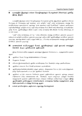 25
Cognitive Spoken English
X àôèˆF™ Þ¼‚°‹ â™ô£ ªñ£NèÀ‚°‹ ªð£¼œèœ (Meanings) å¡«ø.
Þ¬î GÏH.
àôèˆF™ Þ¼‚°‹ â™ô£ ªñ£NèÀ‚°‹ ªð£¼œèœ å¡«ø. Þ¶ cƒèœ ÝƒAô‹ êKò£ù
ªð£¼Àì¡ «ð²õîŸ° õN õ°‚°‹. ï£‹ îIN™ “ðŸP” â¡ø õ£˜ˆ¬î¬ò ¬õˆ¶ Cô
õ£‚Aòƒè¬÷ Ü¬ñ‚èô£‹. Üî£õ¶, “ï£¡ Üõ¬ùŠ ðŸP «ð²A«ø¡”. “¹ˆîè‹ ÜóCò¬ôŠ
ðŸP MõK‚Aø¶.” îIN™ âŠð® ðŸP â¡ø õ£˜ˆ¬î «ð², MõK â¡ø M¬ùèÀì¡ õ¼Aø«î£,
Ü«î «ð£™, ÝƒAôˆF½‹ about ( ðŸP ) â¡ø õ£˜ˆ¬î talk, discuss «ð£¡ø M¬ùèÀì¡
ñ†´‹ õ¼‹.
“ðŸP” â¡ø õ£˜ˆ¬î»ì¡ “ïì” â¡ø M¬ù¬ò ¬õˆ¶ õ£‚Aò‹ Ü¬ñ‚è º®»ñ£?
è‡®Šð£è îIN™ õ£‚Aò‹ Ü¬ñ‚è º®ò£¶? Ü«î ñ£FK ÝƒAôˆF½‹ õ£‚Aò‹ Ü¬ñ‚è
º®ò£¶. Üî£õ¶ about ( ðŸP ) ñŸÁ‹ walk ( ïì ) «ð£¡ø õ£˜ˆ¬îè¬÷ ¬õˆ¶ ÝƒAôˆF™
õ£‚Aò‹ Ü¬ñ‚è º®ò£¶.
XI ñ£íõ˜èœ âŠªð£¿¶‹ «ð²‹ ÝƒAôˆ¬îŠ ðŸP ë£ðè‹ ¬õˆ¶‚
ªè£œ÷ Ã®ò º‚Aòñ£ù °PŠ¹èœ:
Þƒ° ªê£™ôŠð´Aø è¼ˆ¶èœ Ü¬ùˆ¶‹ Þ¶õ¬ó ªê£™ôŠð†ì è¼ˆ¶‚èO¡ ²¼‚è‹
Ý°‹.
ÝƒAô‹ «ð²‹ «ð£¶ simple sentence ™ «ðê¾‹.
ªñ¶õ£è «ðê¾‹.
êKò£ù Þô‚èíˆ«î£´ ÝƒAô õ£‚Aòˆ¬î «ðê «õ‡´‹ â¡Á ÜõCòI™¬ô.
ÝƒAô‹ êó÷ñ£è «ðê ªêŒF î£œè¬÷ ð®‚è£b˜èœ.
ÝƒAôˆ¬î business, education ñŸÁ‹ Ü¡ø£ì Gè›¾è¬÷ «ðê ñ†´‹ ðò¡ð´ˆ¶ƒèœ.
îI› ªîKò£îõ˜èOì‹ ñ†´‹ ÝƒAô‹ «ð²ƒèœ.
ÝƒAô‹ ñ†´‹ êó÷ñ£è «ðCù£™ å¼õ˜ ¹ˆFê£Lò£è Ýèô£‹ Ü™ô¶ â¬î»‹
ê£F‚èô£‹ â¡ø â‡íƒè¬÷ Mì «õ‡´‹. è®ù à¬öŠ¹‹, ¹K‰¶‚ ªè£‡´
èŸø½‹î£¡ å¼õ¬ó ¹ˆFê£Lò£è¾‹, â¬î»‹ ê£F‚°‹ ñQîó£è¾‹ ñ£ŸÁ‹. Þƒ°
ÝƒAôˆF¡ º‚Aòˆ¶õ‹ â¡ùªõ¡ø£™, àƒèÀ‚° ªîK‰î è¼ˆ¶‚è¬÷, îI›
ªîKò£îõ˜èOì‹ â´ˆ¶ ªê£™õ¶ Ý°‹.
àƒèœ î£Œªñ£N¬ò ÜNò£ñ™ ð£¶è£ˆ¶ ªè£œÀƒèœ.
 