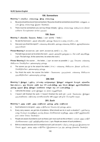 106
NLRC Spoken English
198. Somewhere
Meaning 1: âƒè«ò£, âƒèò£õ¶, Þƒ° âƒèò£õ¶âƒè«ò£, âƒèò£õ¶, Þƒ° âƒèò£õ¶âƒè«ò£, âƒèò£õ¶, Þƒ° âƒèò£õ¶âƒè«ò£, âƒèò£õ¶, Þƒ° âƒèò£õ¶âƒè«ò£, âƒèò£õ¶, Þƒ° âƒèò£õ¶
a. My purse should be around here somewhere / My purse should be somewhere around here - â¡Â¬ìò
ð˜² Þƒ° âƒèò£õ¶ Þ¼‚è «õ‡´‹.
b. There must be somewhere you can buy things cheaply - Þƒ° âƒèò£õ¶ è‡®Šð£è cƒèœ
ñLõ£è ªð£¼œè¬÷ õ£ƒè º®»‹.
199. Soon
Meaning 1: M¬óM™, «õèñ£è, Y‚Aó‹.M¬óM™, «õèñ£è, Y‚Aó‹.M¬óM™, «õèñ£è, Y‚Aó‹.M¬óM™, «õèñ£è, Y‚Aó‹.M¬óM™, «õèñ£è, Y‚Aó‹. ( syn: quickly / fastly )
a. He ate the food soon - Üõ¡ M¬óM™ Ü™ô¶ «õèñ£è àí¾ ê£ŠH†ì£¡.
b. How soon you finish the report? - âšõ÷¾ M¬óM™ Ü™ô¶ âšõ÷¾ Y‚Aó‹ ÝŒõP‚¬è¬ò
º®Šd˜èœ?
Phrase Meaning 1: as soon as ( pat : sent1, as soon as, sent2 ) - àì«ù.
c. The bell rings as soon as he enters the room - Üõ¡ Ü¬øJ™ ¸¬ö‰î àì«ù ñE Ü®‚Aø¶.
( syn: The bell rings. At the same time, he enters the room )
Phrase Meaning 2: the sooner ... the better... ( syn: as soon as possible ) - å¼ ªêò¬ô âšõ÷¾
Y‚Aóñ£è ªêŒAø«ñ£ Üšõ÷¾‚° ï™ô¶.
d. The sooner you go to the airport the better ( it is ) - âšõ÷¾ Y‚Aóñ£è cƒèœ ã˜«ð£˜†
ªê™Al˜è«÷£ Üšõ÷¾‚° ï™ô¶.
e. You finish the work, the sooner the better - «õ¬ô¬ò º®»ƒèœ. âšõ÷¾ Y‚Aóñ£è
º®‚Al˜è«÷£ Üšõ÷¾‚° ï™ô¶.
200. Still
Meaning 1: Þ¡Â‹Þ¡Â‹Þ¡Â‹Þ¡Â‹Þ¡Â‹ ( °PŠ¹:°PŠ¹:°PŠ¹:°PŠ¹:°PŠ¹: yet-â¡ø õ£˜ˆ¬î‚°‹ “Þ¡Â‹” â¡Áî£¡ ªð£¼œ. ãŸèù«õâ¡ø õ£˜ˆ¬î‚°‹ “Þ¡Â‹” â¡Áî£¡ ªð£¼œ. ãŸèù«õâ¡ø õ£˜ˆ¬î‚°‹ “Þ¡Â‹” â¡Áî£¡ ªð£¼œ. ãŸèù«õâ¡ø õ£˜ˆ¬î‚°‹ “Þ¡Â‹” â¡Áî£¡ ªð£¼œ. ãŸèù«õâ¡ø õ£˜ˆ¬î‚°‹ “Þ¡Â‹” â¡Áî£¡ ªð£¼œ. ãŸèù«õ
ªî£ìƒèŠð†ì å¼ ªêò¬ô ðŸP‚ Ãøªî£ìƒèŠð†ì å¼ ªêò¬ô ðŸP‚ Ãøªî£ìƒèŠð†ì å¼ ªêò¬ô ðŸP‚ Ãøªî£ìƒèŠð†ì å¼ ªêò¬ô ðŸP‚ Ãøªî£ìƒèŠð†ì å¼ ªêò¬ô ðŸP‚ Ãø still ðò¡ð´Aø¶. å¼ ªêò™ Þ¡Â‹ Ýó‹H‚èM™¬ôðò¡ð´Aø¶. å¼ ªêò™ Þ¡Â‹ Ýó‹H‚èM™¬ôðò¡ð´Aø¶. å¼ ªêò™ Þ¡Â‹ Ýó‹H‚èM™¬ôðò¡ð´Aø¶. å¼ ªêò™ Þ¡Â‹ Ýó‹H‚èM™¬ôðò¡ð´Aø¶. å¼ ªêò™ Þ¡Â‹ Ýó‹H‚èM™¬ô
Ü™ô¶ å¼õ˜ Þƒ° Þ¡Â‹ õóM™¬ô â¡Á‚ ÃøÜ™ô¶ å¼õ˜ Þƒ° Þ¡Â‹ õóM™¬ô â¡Á‚ ÃøÜ™ô¶ å¼õ˜ Þƒ° Þ¡Â‹ õóM™¬ô â¡Á‚ ÃøÜ™ô¶ å¼õ˜ Þƒ° Þ¡Â‹ õóM™¬ô â¡Á‚ ÃøÜ™ô¶ å¼õ˜ Þƒ° Þ¡Â‹ õóM™¬ô â¡Á‚ Ãø yet ðò¡ð´Aø¶.ðò¡ð´Aø¶.ðò¡ð´Aø¶.ðò¡ð´Aø¶.ðò¡ð´Aø¶. )
a. I still write the essay - ï£¡ Þ¡Â‹ è†´¬ó â¿¶A«ø¡.
b. I haven’t still finished the work / I haven’t finished the work yet - ï£¡ «õ¬ô¬ò Þ¡Â‹
º®‚èM™¬ô. âF˜ñ¬ø õ£‚AòƒèO™ still ñŸÁ‹ yet å«ó ªð£¼O™ õ¼‹.
201. Such
Meaning 1: Ü‰î ñ£FK, Ü‰î ñ£FKò£ù Ü™ô¶ Ü«î ñ£FKò£ùÜ‰î ñ£FK, Ü‰î ñ£FKò£ù Ü™ô¶ Ü«î ñ£FKò£ùÜ‰î ñ£FK, Ü‰î ñ£FKò£ù Ü™ô¶ Ü«î ñ£FKò£ùÜ‰î ñ£FK, Ü‰î ñ£FKò£ù Ü™ô¶ Ü«î ñ£FKò£ùÜ‰î ñ£FK, Ü‰î ñ£FKò£ù Ü™ô¶ Ü«î ñ£FKò£ù
a. Such behavior is not good - Ü‰î ñ£FKò£ù ªêò™ð£´ ï™ô¶ Ü™ô.
b. Every rainy season, we get lots of problems. What should we do in such a situation? - åšªõ£¼
ñ¬ö ªðŒ»‹ êñòˆF½‹, ïñ‚° G¬øò Hó„C¬ùèœ õ¼Aø¶. Ü‰î ñ£FK Å›G¬ôJ™
ï£‹ â¡ù ªêŒò «õ‡´‹?
c. People are aware of problems such as these ( pat: noun such as this or these ) - ñ‚èœ Ü‰î ñ£FK
Hó„C¬ùè¬÷ ðŸP ÜP‰F¼‚Aø£˜èœ. ( syn: People are aware of such problems )
d. Birth is a natural process and it is treated as such ( pat: as such ) - HøŠ¹ â¡ð¶ å¼ ÞòŸ¬èò£ù
ªêò™ Ý°‹. Ü¬î Ü‰î ñ£FK«ò ( ÞòŸ¬èò£è ) ïìˆî Ü™ô¶ G¬ù‚è «õ‡´‹.
 