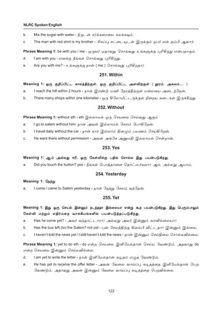 122
NLRC Spoken English
b. Mix the sugar with water - c¼ì¡ ê˜‚è¬ó¬ò èô‚è¾‹.
c. The man with red shirt is my brother - CèŠ¹ ê†¬ì»ì¡ Þ¼‚°‹ ïð˜ â¡ î‹H Ýõ£˜.
Phrase Meaning 1: be with you / me - å¼õ˜ ãî£õ¶ ªê£™õ¶ àƒèÀ‚° ¹KAø¶ â¡ðî£°‹.
d. I am with you - âù‚° cƒèœ ªê£™õ¶ ¹KAø¶.
e. Are you with me? - àƒèÀ‚° ï£¡ ( me ) ªê£™õ¶ ¹KAøî£?
251. Within
Meaning 1: å¼ °PŠH†ì è£ôˆFŸ°œ, å¼ °PŠH†ì Ü÷MŸ°œå¼ °PŠH†ì è£ôˆFŸ°œ, å¼ °PŠH†ì Ü÷MŸ°œå¼ °PŠH†ì è£ôˆFŸ°œ, å¼ °PŠH†ì Ü÷MŸ°œå¼ °PŠH†ì è£ôˆFŸ°œ, å¼ °PŠH†ì Ü÷MŸ°œå¼ °PŠH†ì è£ôˆFŸ°œ, å¼ °PŠH†ì Ü÷MŸ°œ ( Éó‹, Üèô‹,...Éó‹, Üèô‹,...Éó‹, Üèô‹,...Éó‹, Üèô‹,...Éó‹, Üèô‹,... )
a. I reach the hill within 2 hours - ï£¡ Þó‡´ ñE «ïóˆFŸ°œ ñ¬ô¬ò Ü¬ì‰«î¡.
b. There many shops within one kilometer - å¼ A«ô£e†ì¼‚°œ G¬øò è¬ìèœ Þ¼‚Aø¶.
252. Without
Phrase Meaning 1: without sth - sth Þ™ô£ñ™ å¼ ªêò¬ô ªêŒõ¶ Ý°‹
a. I go to salem without him- ï£¡ Üõ¡ Þ™ô£ñ™ «êô‹ «ð£A«ø¡.
b. I travel daily without the car - ï£¡ è£˜ Þ™ô£‹ Fùº‹ ðòí‹ ªêŒA«ø¡.
c. He went there without permission - Üõ¡ Üƒ«è ÜÂñF Þ™ô£ñ™ ªê¡ø£¡.
253. Yes
Meaning 1: Ý‹ Ü™ô¶ êK, å¼ «èœM‚° ðF™ ªê£™ô Þ¶ ðò¡ð´Aø¶.Ý‹ Ü™ô¶ êK, å¼ «èœM‚° ðF™ ªê£™ô Þ¶ ðò¡ð´Aø¶.Ý‹ Ü™ô¶ êK, å¼ «èœM‚° ðF™ ªê£™ô Þ¶ ðò¡ð´Aø¶.Ý‹ Ü™ô¶ êK, å¼ «èœM‚° ðF™ ªê£™ô Þ¶ ðò¡ð´Aø¶.Ý‹ Ü™ô¶ êK, å¼ «èœM‚° ðF™ ªê£™ô Þ¶ ðò¡ð´Aø¶.
a. Did you touch the button? yes - cƒèœ ªð£ˆî£¬ù ªî£†¯˜è÷£? Ý‹. Ü™ô¶ Ýñ£‹.
254. Yesterday
Meaning 1: «ïŸÁ«ïŸÁ«ïŸÁ«ïŸÁ«ïŸÁ
a. I come / came to Salem yesterday - ï£¡ «ïŸÁ «êô‹ õ‰«î¡.
255. Yet
Meaning 1: Þ¶ å¼ ªêò™ Þ¡Â‹ ïì‰îî£ Þ™¬ôò£ â¡Á Ãø ðò¡ð´Aø¶. Þ¶ ªð¼‹ð£½‹Þ¶ å¼ ªêò™ Þ¡Â‹ ïì‰îî£ Þ™¬ôò£ â¡Á Ãø ðò¡ð´Aø¶. Þ¶ ªð¼‹ð£½‹Þ¶ å¼ ªêò™ Þ¡Â‹ ïì‰îî£ Þ™¬ôò£ â¡Á Ãø ðò¡ð´Aø¶. Þ¶ ªð¼‹ð£½‹Þ¶ å¼ ªêò™ Þ¡Â‹ ïì‰îî£ Þ™¬ôò£ â¡Á Ãø ðò¡ð´Aø¶. Þ¶ ªð¼‹ð£½‹Þ¶ å¼ ªêò™ Þ¡Â‹ ïì‰îî£ Þ™¬ôò£ â¡Á Ãø ðò¡ð´Aø¶. Þ¶ ªð¼‹ð£½‹
«èœM ñŸÁ‹ âF˜ñ¬ø õ£‚AòƒèO™ ðò¡ð´ˆîŠð´Aø¶.«èœM ñŸÁ‹ âF˜ñ¬ø õ£‚AòƒèO™ ðò¡ð´ˆîŠð´Aø¶.«èœM ñŸÁ‹ âF˜ñ¬ø õ£‚AòƒèO™ ðò¡ð´ˆîŠð´Aø¶.«èœM ñŸÁ‹ âF˜ñ¬ø õ£‚AòƒèO™ ðò¡ð´ˆîŠð´Aø¶.«èœM ñŸÁ‹ âF˜ñ¬ø õ£‚AòƒèO™ ðò¡ð´ˆîŠð´Aø¶.
a. Has he come yet? - Üõ˜ õ‰î£†ì£ó£? Ü™ô¶ Üõ˜ Þ¡Â‹ õóM™¬ôò£?
b. Has the bus left (to) the Salem? not yet - ðv «êôˆFŸ° A÷‹H M†ìî£? Þ¡Â‹ Þ™¬ô.
c. I haven’t told the news yet / I still haven’t told the news - ï£¡ Þ¡Â‹ ªêŒF¬ò ªê£™ôM™¬ô.
Phrase Meaning 1: yet to do sth - do â¡ø ªêò¬ô ÞQ«ñ™î£¡ ªêŒò «õ‡´‹. Üîõ£¶ do
â¡ø ªêò¬ô Þ¡Â‹ ªêŒòM™¬ô.
d. I am yet to write the letter - ï£¡ ÞQ«ñ™î£¡ è®î‹ â¿î «õ‡´‹.
e. He has yet to receive the offer letter - Üõ¡ «õ¬ô õ£ŒŠ¹ è®îˆ¬î ÞQ«ñ™î£¡ ªðø
«õ‡´‹. Üî£õ¶ Üõ¡ Þ¡Â‹ «õ¬ô õ£ŒŠ¹ è®îˆ¬î ªðøM™¬ô.
 