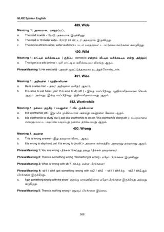 366
NLRC Spoken English
489. Wide
Meaning 1: Üèôñ£ù, ðôîóŠð†ìÜèôñ£ù, ðôîóŠð†ìÜèôñ£ù, ðôîóŠð†ìÜèôñ£ù, ðôîóŠð†ìÜèôñ£ù, ðôîóŠð†ì
a. The road is wide - «ó£´ Üèôñ£è Þ¼‚Aø¶.
b. The road is 10 meter wide - «ó£´ 10 e†ì˜ Üèôñ£è Þ¼‚Aø¶.
c. The movie attracts wide / wider audience - ðì‹ ðôîóŠð†ì ð£˜¬õò£÷˜è¬÷ èõ¼Aø¶.
490. Wild
Meaning 1: è£†®™ õC‚èÃ®òè£†®™ õC‚èÃ®òè£†®™ õC‚èÃ®òè£†®™ õC‚èÃ®òè£†®™ õC‚èÃ®ò ( °PŠ¹:°PŠ¹:°PŠ¹:°PŠ¹:°PŠ¹: domestic â¡ø£™ i†®™ õC‚èÃ®ò â¡Á Ü˜ˆî‹â¡ø£™ i†®™ õC‚èÃ®ò â¡Á Ü˜ˆî‹â¡ø£™ i†®™ õC‚èÃ®ò â¡Á Ü˜ˆî‹â¡ø£™ i†®™ õC‚èÃ®ò â¡Á Ü˜ˆî‹â¡ø£™ i†®™ õC‚èÃ®ò â¡Á Ü˜ˆî‹)
a. The tiger is a wild animal - ¹L è£†®™ õC‚èÃ®ò Môƒ° Ý°‹.
PhraseMeaning 1: He went wild - Üõ¡ ºó†´ˆîùñ£è ïì‰¶‚ªè£‡ì£¡.
491. Wise
Meaning 1: ÜP¾œ÷ÜP¾œ÷ÜP¾œ÷ÜP¾œ÷ÜP¾œ÷ / ¹ˆFê£Lò£ù¹ˆFê£Lò£ù¹ˆFê£Lò£ù¹ˆFê£Lò£ù¹ˆFê£Lò£ù
a. He is a wise man - Üõ˜ ÜP¾œ÷ ñQî˜ Ýõ£˜.
b. It is wise to eat here ( pat: It is wise to do sth ) - Þƒ° ê£ŠH´õ¶ ¹ˆFê£Lîùñ£ù ªêò™
Ý°‹. Ü™ô¶, Þƒ° ê£ŠH´õ¶ ¹ˆFê£Lîùñ£ù¶ Ý°‹.
492. Worthwhile
Meaning 1: ï¡¬ñ î¼Aøï¡¬ñ î¼Aøï¡¬ñ î¼Aøï¡¬ñ î¼Aøï¡¬ñ î¼Aø / ðòÂœ÷ðòÂœ÷ðòÂœ÷ðòÂœ÷ðòÂœ÷ / Iè º‚Aòñ£ùIè º‚Aòñ£ùIè º‚Aòñ£ùIè º‚Aòñ£ùIè º‚Aòñ£ù
a. It is worthwhile job - Þ¶ Iè º‚Aòñ£ù Ü™ô¶ ðòÂœ÷ «õ¬ô Ý°‹.
b. It is worthwhile to study civil ( pat: It is worthwhile to do sth / It is worthwhile doing sth ) - è†´ñ£ù‹
ê‹ð‰îŠð†ì ð®Š¬ð ð®Šð¶ ï¡¬ñ îó‚Ã®ò¶ Ý°‹.
493. Wrong
Meaning 1: îõø£ùîõø£ùîõø£ùîõø£ùîõø£ù
a. This is wrong answer - Þ¶ îõø£ù M¬ì Ý°‹.
b. It is wrong to slap him ( pat: It is wrong to do sth ) - Üõ¬ù è¡ùˆF™ Ü¬øõ¶ îõø£ù¶ Ý°‹.
PhraseMeaning 1: You are wrong - cƒèœ ªêŒî¶ îõÁ / cƒèœ îõø£ùõ˜.
PhraseMeaning 2: There is something wrong / Something is wrong - ã«î£ Hó„ê¬ù Þ¼‚Aø¶.
PhraseMeaning 3: What is wrong with sb ? - sb‚° â¡ù Hó„ê¬ù?
PhraseMeaning 4: sb1 / sth1 got something wrong with sb2 / sth2 - sb1 / sth1‚° sb2 / sth2Ý™
Hó„ê¬ù Þ¼‚Aø¶.
c. I got something wrong with the shoe - âù‚° è£ôEJù£™ ã«î£ Hó„ê¬ù Þ¼‚Aø¶ Ü™ô¶
õ¼Aø¶.
PhraseMeaning 5: There is nothing wrong - â¶¾‹ Hó„ê¬ù Þ™¬ô.
 