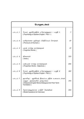 ªð£¼÷ì‚è‹ªð£¼÷ì‚è‹ªð£¼÷ì‚è‹ªð£¼÷ì‚è‹ªð£¼÷ì‚è‹
ð£ì‹ 1 «ð²‹ ÝƒAôˆF¡ ñ«ù£îˆ¶õ‹ - ð°F 1 7
( Psychology of Spoken English - Part 1 )
ð£ì‹ 2 ñQî˜è¬÷ °P‚°‹ HóFªðò˜ ªê£Ÿèœ 27
( Pronouns of Humans )
ð£ì‹ 3 ¹ô¡ ê£˜‰î õ£˜ˆ¬îèœ 37
( Cognitive Words )
ð£ì‹ 4 M¬ùèœ 123
( Verbs )
ð£ì‹ 5 ð‡¹èœ ê£˜‰î õ£˜ˆ¬îèœ 295
( Properties Words - Adjectives )
ð£ì‹ 6 «ð²‹ ÝƒAôˆF¡ ñ«ù£îˆ¶õ‹ - ð°F 2 367
( Psychology of Spoken English - Part 2 )
ð£ì‹ 7 ý£L¾† ÝƒAôˆ F¬óŠðìˆF¡ à¬óò£ì™èœ
ñŸÁ‹ Ü¬õèO¡ îIö£‚è‹ 375
( Hollywood English Movie Dialogues And Their Tamil
Translation )
ð£ì‹ 8 «ï˜è£í½‚è£ù ñ£FK «èœMèœ 383
( Model Questions for Interview)
 