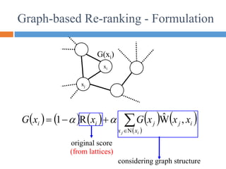          
 





i
j x
x
i
j
j
i
i x
x
x
G
x
x
G
N
,
Ŵ
R
1 

Graph-based Re-ranking - Formulation
xi
xj
G(xi)
original score
considering graph structure
(from lattices)
 