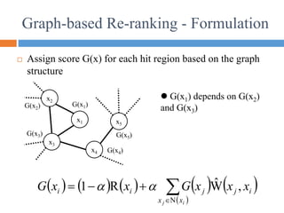  Assign score G(x) for each hit region based on the graph
structure
x1
x3
x2
x4
x5
G(x1)
G(x2)
G(x3)
G(x4)
G(x5)
 G(x1) depends on G(x2)
and G(x3)
Graph-based Re-ranking - Formulation
         
 





i
j x
x
i
j
j
i
i x
x
x
G
x
x
G
N
,
Ŵ
R
1 

 