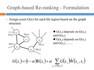  Assign score G(x) for each hit region based on the graph
structure
x1
x3
x2
x4
x5
G(x1)
G(x2)
G(x3)
G(x4)
G(x5)
 G(x1) depends on G(x2)
and G(x3)
 G(x2) depends on G(x1)
and G(x3) ……
Graph-based Re-ranking - Formulation
         
 





i
j x
x
i
j
j
i
i x
x
x
G
x
x
G
N
,
Ŵ
R
1 

 