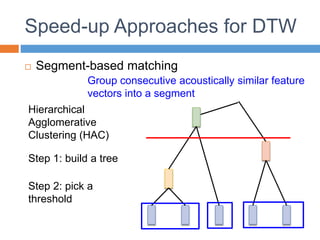 Speed-up Approaches for DTW
 Segment-based matching
Hierarchical
Agglomerative
Clustering (HAC)
Step 1: build a tree
Step 2: pick a
threshold
Group consecutive acoustically similar feature
vectors into a segment
 