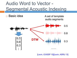 Audio Word to Vector -
Segmental Acoustic Indexing
 Basic idea
[Levin, ICASSP 15][Levin, ASRU 13]
A set of template
audio segments
0.5
……
0.8
0.3
0.5
0.8
0.3
⋮
DTW
 