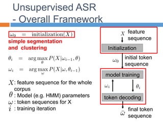 Unsupervised ASR
- Overall Framework
Initialization
feature
sequence
model training
token decoding
initial token
sequence
final token
sequence
: feature sequence for the whole
corpus
: Model (e.g. HMM) parameters
: token sequences for X
: training iteration
simple segmentation
and clustering
 
