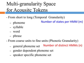 Multi-granularity Space
for Acousitc Tokens
• From short to long (Temporal Granularity)
– phoneme
– syllable
– word
– phrase
• From coarse units to fine units (Phonetic Granularity)
– general phoneme set
– gender dependent phoneme set
– speaker specific phoneme set
Number of distinct HMMs (n)
Number of states per HMM (m)
 
