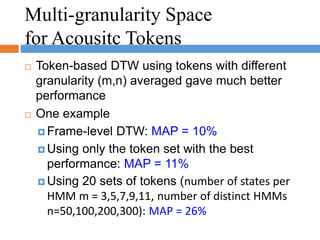 Multi-granularity Space
for Acousitc Tokens
 Token-based DTW using tokens with different
granularity (m,n) averaged gave much better
performance
 One example
 Frame-level DTW: MAP = 10%
 Using only the token set with the best
performance: MAP = 11%
 Using 20 sets of tokens (number of states per
HMM m = 3,5,7,9,11, number of distinct HMMs
n=50,100,200,300): MAP = 26%
 