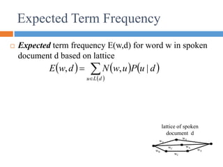  Expected term frequency E(w,d) for word w in spoken
document d based on lattice
Expected Term Frequency
lattice of spoken
document d
wA
wB
wC
wA
wA
wA
wC
     
 



d
L
u
d
u
P
u
w
N
d
w
E |
,
,
 