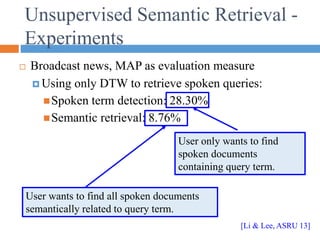 Unsupervised Semantic Retrieval -
Experiments
 Broadcast news, MAP as evaluation measure
 Using only DTW to retrieve spoken queries:
Spoken term detection: 28.30%
Semantic retrieval: 8.76%
User only wants to find
spoken documents
containing query term.
User wants to find all spoken documents
semantically related to query term.
[Li & Lee, ASRU 13]
 