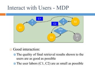 Interact with Users - MDP
 Good interaction:
 The quality of final retrieval results shown to the
users are as good as possible
 The user labors (C1, C2) are as small as possible
S1
S3
S2
A
1
C1
C2
A
2
En
d
Sho
w
 